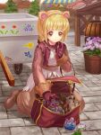  1girl bangs barrel blonde_hair brick_floor broken_bottle broken_glass brown_dress brown_gloves brown_legwear brown_vest building cart closed_mouth commentary day dress eyebrows_visible_through_hair flower flower_basket food full_body glass gloves kneeling long_sleeves meat merchant_(ragnarok_online) moai_(aoh) outdoors pantyhose pink_flower plate potion ragnarok_online sad scroll shoes short_hair solo spill stall tree vest water yellow_eyes 