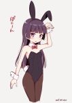  1girl animal_ears bangs black_hair black_legwear black_leotard blunt_bangs bow bowtie breasts bunny_ears bunny_tail cowboy_shot cropped_jacket detached_collar gokou_ruri grey_background herunin highres leotard long_hair ore_no_imouto_ga_konna_ni_kawaii_wake_ga_nai pantyhose playboy_bunny purple_eyes red_neckwear simple_background small_breasts solo standing tail wrist_cuffs 