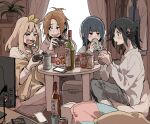  4girls antenna_hair bangs barefoot black_eyes black_hair blonde_hair blue_eyes blush bottle bow brown_eyes brown_hair can cardigan cellphone character_request commentary_request controller drink drinking eyebrows_visible_through_hair food friends from_side full_body game_controller grey_hair grey_pants grey_shirt hair_bow hair_ornament hibike!_euphonium holding holding_can holding_controller holding_game_controller indoors long_hair long_sleeves looking_at_another looking_at_viewer multiple_girls nose_blush open_mouth pants parted_bangs phone pillow plant playing ree_(re-19) room scarf shirt short_eyebrows short_ponytail sidelocks sitting smartphone smile table teeth television tin_can translation_request yellow_bow yellow_scarf 