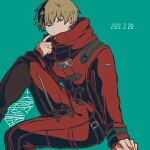  1boy adjusting_clothes arm_support bangs blonde_hair coat commentary_request danganronpa_(series) danganronpa_3_(anime) dated earrings from_side green_background hand_up invisible_chair izayoi_sounosuke jewelry kiri_(2htkz) knee_up long_sleeves looking_at_viewer male_focus red_coat red_eyes short_hair simple_background sitting solo 