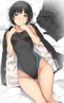  1girl amagami bangs bare_hips bare_shoulders bed_sheet black_hair black_jacket black_skirt black_swimsuit blush breasts closed_mouth competition_swimsuit eyebrows_visible_through_hair feet_out_of_frame from_above groin hands_on_own_chest highres jacket jacket_removed looking_at_viewer lying nanasaki_ai on_back on_bed one-piece_swimsuit serizawa_(serizawaroom) shirt shirt_removed short_hair skirt skirt_removed small_breasts smile solo swimsuit thigh_gap thighs white_shirt 