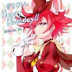  1girl 2020 animal_ears argyle argyle_background bangs black_choker black_headwear choker cure_chocolat dated dog_ears eyebrows_visible_through_hair gloves happy_birthday hat highres kirakira_precure_a_la_mode kyoutsuugengo precure red_eyes red_hair shiny shiny_hair short_hair smile solo spiked_hair swept_bangs upper_body white_gloves 