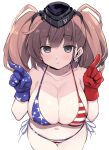  1girl alternate_costume american_flag_bikini atlanta_(kancolle) bangs bare_arms bare_shoulders bikini black_headwear blue_gloves blush breasts brown_hair cleavage collarbone cowboy_shot earrings eyebrows_visible_through_hair flag_print garrison_cap gloves grey_eyes halterneck hat index_finger_raised jewelry kantai_collection large_breasts long_hair looking_at_viewer navel odawara_hakone pointing pointing_up red_gloves simple_background single_earring skindentation solo star_(symbol) star_earrings striped striped_bikini swimsuit two_side_up white_background 