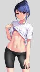  1girl abs bangs bike_shorts blue_hair breasts collarbone grey_background hashi lifted_by_self looking_at_viewer navel no_bra original ponytail purple_eyes shirt shirt_lift short_hair short_sleeves simple_background small_breasts solo standing white_shirt 