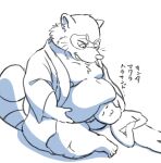  2021 anthro belly canid canine duo eyes_closed hi_res hysk japanese_text kemono male mammal moobs nipples overweight overweight_male raccoon_dog sengoku_puzzle simple_background sitting tanuki text tokugawa_ieyasu video_games white_background 