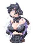  1girl :&lt; =3 animal_ears animal_print bangs bare_shoulders belt black_bow black_hair black_jaguar_(kemono_friends) black_neckwear blue_eyes blush bow bowtie bra breasts closed_mouth colored_inner_hair commentary_request cropped_torso elbow_gloves extra_ears eyebrows_visible_through_hair fur_scarf gloves hair_between_eyes high-waist_skirt highres jaguar_ears jaguar_girl jaguar_print kemono_friends large_breasts medium_hair mikan_toshi multicolored_hair open_clothes open_shirt print_bra print_gloves print_neckwear print_skirt purple_shirt scarf shirt sidelocks skirt solo star_(symbol) stomach toned two-tone_hair underwear undressing upper_body 
