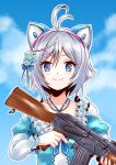  1girl ak-47 animal_ears antenna_hair assault_rifle bangs blue_eyes blue_flower blue_jacket blue_sky cat_ear_headphones cat_ears cat_hair_ornament closed_mouth cloud collarbone commentary_request day dennou_shoujo_youtuber_siro dress eyebrows_visible_through_hair fake_animal_ears flower grey_hair gun hair_between_eyes hair_flower hair_ornament headphones heart heart-shaped_pupils holding holding_gun holding_weapon jacket juliet_sleeves long_sleeves okiru outdoors outline puffy_short_sleeves puffy_sleeves rifle short_over_long_sleeves short_sleeves siro_(dennou_shoujo_youtuber_siro) sky smile solo symbol-shaped_pupils upper_body virtual_youtuber weapon white_dress white_flower white_outline 