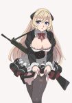  1girl apron bangs battle_rifle beige_background black_dress black_legwear blonde_hair bow bowtie breasts cleavage corset cross cross_necklace dress frilled_apron frills g3_(girls_frontline) girls_frontline gun h&amp;k_g3 holster jewelry juliet_sleeves large_breasts long_hair long_sleeves looking_at_viewer necklace official_alternate_costume open_mouth puffy_sleeves purple_eyes red_bow red_neckwear rifle simple_background solo standing tab_(tabkun) thigh_holster thighhighs waist_apron weapon white_apron 