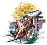  1girl bare_legs barefoot black_hair breasts china_dress chinese_clothes dress feet flat_chest highres long_hair looking_at_viewer moyamoya_(moya11158375) no_panties original short_dress side_slit sleeveless sleeveless_dress small_breasts toenail_polish toenails toes wagon wagon_wheel yellow_eyes 