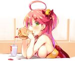  1girl ahoge armpit_peek bell blush breasts cup disposable_cup dodome-iro_mayonnaise eating food from_side green_eyes hair_behind_ear hair_bell hair_ornament hairclip hamburger holding holding_food hololive japanese_clothes ketchup looking_at_viewer mcdonald&#039;s medium_breasts miko obi sakura_miko sash side_ponytail sideboob solo sweat virtual_youtuber 