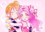  2girls :d black_capelet blush brown_hair capelet closed_eyes closed_mouth clover_earrings cure_black cure_yell daisy double_bun flower frilled_capelet frills futari_wa_precure hair_flower hair_ornament hair_ribbon heart heart_hair_ornament highres hug hugtto!_precure kyoutsuugengo lens_flare long_hair multiple_girls open_mouth pink_eyes pink_hair precure red_ribbon ribbon shiny shiny_hair short_hair short_sleeves smile tears upper_body white_flower 