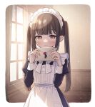  1girl apron blurry blurry_background blush brown_eyes brown_hair commentary goshi-san highres holding holding_letter indoors letter light_rays looking_at_viewer maid maid_apron maid_headdress original solo sunbeam sunlight twintails window 