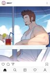  1boy 1other 47 arm_rest bara bare_shoulders biceps blue_eyes brown_hair chair cloud cloudy_sky covered_navel cup day drinking_glass drinking_straw facial_hair fate/grand_order fate_(series) food from_side fruit goatee highres ice instagram juice lemon lemon_slice long_sideburns looking_at_viewer male_focus muscular muscular_male napoleon_bonaparte_(fate) open_mouth outdoors pants pectorals revealing_clothes scar scar_on_chest shadow shiny sitting sky solo_focus summer sunlight table tank_top tight tight_pants umbrella under_umbrella upper_body white_tank_top 
