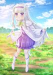  1girl :t bangs blue_sky boots bow capelet closed_mouth cloud cloudy_sky commentary day dress emilia_(re:zero) eyebrows_visible_through_hair flower frilled_dress frills green_bow hair_flower hair_ornament hairband highres long_hair long_sleeves looking_at_viewer outdoors pointy_ears pout purple_dress purple_eyes purple_hairband re:zero_kara_hajimeru_isekai_seikatsu silver_hair skirt_hold sky solo standing symbol_commentary very_long_hair villyane white_capelet white_dress white_flower white_footwear wide_sleeves 