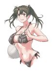  1girl alternate_breast_size bikini black_bikini breast_pocket breasts brown_eyes commentary_request grey_hair grin highres index_finger_raised kantai_collection large_breasts long_hair looking_at_viewer pocket side-tie_bikini simple_background smile solo sozan swimsuit twintails volleyball white_background zuikaku_(kancolle) 