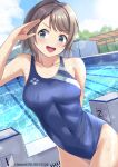  1girl arm_behind_back blue_eyes blue_sky blue_swimsuit blurry breasts cloud commentary_request competition_swimsuit cowboy_shot dated day depth_of_field grey_hair highres love_live! love_live!_sunshine!! medium_breasts one-piece_swimsuit open_mouth outdoors pool salute short_hair sky solo starting_block swimsuit tenpa_(tenpa2190) twitter_username upper_teeth watanabe_you water wet wet_clothes wet_swimsuit 