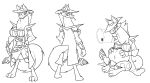  anthro barrel belt bethesda_softworks black_and_white clothed clothing coat digitigrade duster_coat fallout female front_view furgonomics hat headgear headwear hi_res knee_pads looking_aside looking_at_viewer midriff model_sheet monochrome munesol night_stalker_(fallout) rattle_(anatomy) rear_view shoulder_pads simple_background sitting solo standing thick_neck tongue tongue_out topwear video_games white_background 