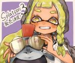  1girl asymmetrical_hair bangs braid copyright_name domino_mask goggles green_eyes grin highres inkling kitorino light_green_hair long_hair mask salmonid shirt short_sleeves single_braid smallfry_(splatoon) smile splatoon_(series) splatoon_3 t-shirt teeth tentacle_hair torn_clothes torn_shirt twitter_username upper_body white_shirt 