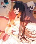  1girl animal_ears animal_slippers bangs bare_shoulders barefoot bed bed_sheet black_hair brand_name_imitation breasts commentary cup_ramen drooling from_above gradient_hair hololive hololive_english indoors long_hair morning multicolored_hair nii_a_sleepy_knee ninomae_ina&#039;nis nintendo_switch nose_bubble off_shoulder one_eye_closed open_mouth orange_hair pajamas pointy_ears purple_eyes sidelocks sitting sketchbook slippers slippers_removed small_breasts solo sunlight tako_(ninomae_ina&#039;nis) tentacles tongue very_long_hair virtual_youtuber waking_up wariza yawning 