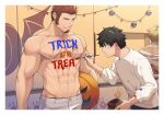  3boys 47 abs bandages bara beowulf_(fate) biceps black_hair blush body_writing english_text facial_hair fate/grand_order fate_(series) fujimaru_ritsuka_(male) goatee groin halloween halloween_costume jack-o&#039;-lantern large_pectorals long_sideburns male_focus multiple_boys mummy_costume muscular muscular_male naked_bandage napoleon_bonaparte_(fate) navel nipples paint_on_clothes paintbrush painting pants pectorals pumpkin pumpkin_hat shirtless short_hair sideburns stubble trick_or_treat white_pants 