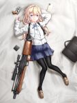  1girl absurdres bag blonde_hair blue_eyes bullpup cellphone ceramic_plate chiappa_rhino colored_eyelashes gun highres iphone long_hair lying on_back on_bed original pantyhose phone pleated_skirt rifle skirt smartphone sniper_rifle solo very_long_hair walther walther_wa_2000 weapon 
