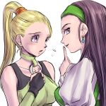  2girls bare_shoulders black_shirt blonde_hair chinyan collarbone commentary_request cosplay costume_switch dragon_quest dragon_quest_xi dress earrings green_dress green_hairband green_shirt hair_ornament hair_scrunchie hairband highres jewelry long_hair martina_(dq11) martina_(dq11)_(cosplay) multiple_girls o-ring o-ring_top orange_scrunchie ponytail purple_eyes purple_hair scrunchie senya_(dq11) senya_(dq11)_(cosplay) shirt sleeveless sleeveless_shirt two-tone_shirt upper_body white_shirt 