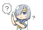  1girl ? blue_eyes blue_sailor_collar commentary_request cordless_phone hair_ornament hair_over_one_eye hairclip hamakaze_(kancolle) hamatsu! kantai_collection necktie phone sailor_collar school_uniform serafuku short_hair silver_hair smile solo spoken_question_mark upper_body yellow_neckwear 