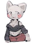  2021 anthro bottomwear clothing cute_fangs domestic_cat felid feline felis female looking_aside mammal navel open_mouth pants simple_background smile solo star-rod white_background 