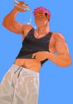  1boy bara bare_shoulders biceps black_tank_top brown_hair bulge flaccid itadori_yuuji jujutsu_kaisen lifted_by_self male_cleavage male_focus male_pubic_hair midriff_peek muscular muscular_male navel navel_hair pectorals pink_hair pubic_hair see-through seth shirt_lift short_hair shorts sideburns sidepec solo spiked_hair tank_top undercut wet wet_pants wet_shorts white_shorts 