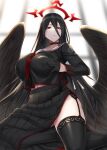  1girl bangs black_gloves black_hair black_skirt black_wings blue_archive blurry blurry_background breasts choker closed_mouth clothes_writing collarbone feathered_wings garter_belt gloves hair_between_eyes half-closed_eyes half_gloves halo hasumi_(blue_archive) long_hair looking_at_viewer minarai mole mole_under_eye necktie pleated_skirt red_eyes red_neckwear sailor_collar school_uniform self_fondle shiny shiny_hair skirt solo thighhighs thighs very_long_hair wings 