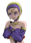  1girl bare_shoulders blonde_hair bridal_gauntlets chinyan commentary_request crying crying_with_eyes_open detached_sleeves dragon_quest dragon_quest_xi earrings hairband highres holding holding_knife jewelry knife midriff necklace purple_eyes purple_hairband purple_sleeves senya_(dq11) short_hair solo tears upper_body 