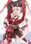  1girl :d armpits arms_up bangs bell black_kimono checkered commentary_request dual_wielding eyebrows_visible_through_hair fang hair_bell hair_between_eyes hair_bun hair_ornament hakuya_(white_night) highres holding holding_sword holding_weapon hololive horns japanese_clothes jingle_bell katana kimono long_hair long_sleeves multicolored_hair nakiri_ayame obi off_shoulder oni oni_horns open_mouth red_eyes red_hair sash side_bun silver_hair sleeves_past_wrists smile solo streaked_hair sword very_long_hair virtual_youtuber weapon white_background wide_sleeves 