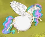  2021 belly big_belly breasts crown cutie_mark digital_media_(artwork) earth_pony equid equine feathered_wings feathers female feral friendship_is_magic hair hasbro horn horse hyper hyper_belly hyper_pregnancy jewelry lying mammal multicolored_hair my_little_pony nipples on_side open_mouth pony pregnant pregnant_belly priestofjashin princess_celestia_(mlp) simple_background solo teats tongue unicorn white_body winged_unicorn wings 
