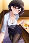  1girl absurdres alcohol beer beer_mug black_hair black_legwear blush bra bra_peek breasts cleavage collarbone commentary_request cup ear_piercing grin highres holding holding_cup kneeling looking_at_viewer mug original pantyhose pencil_skirt piercing rama_(yu-light8) red_eyes shirt short_hair skirt smile teeth unbuttoned unbuttoned_shirt underwear white_shirt 