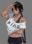  1girl abs bandaid bandaid_on_face biceps black_hair braid braided_ponytail breasts brown_eyes cleavage collarbone gym_shorts hand_under_clothes highres hun_yan looking_at_viewer muscular muscular_female original shirt short_hair shorts simple_background solo toned white_shirt 