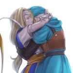  1boy 1girl armlet blonde_hair blue_headwear bracelet brother_and_sister chinyan circlet closed_eyes commentary_request dragon_quest dragon_quest_vi hug jewelry leather_armor long_hair low-tied_long_hair mireyu ribbon siblings silver_hair tears terry_(dq6) 