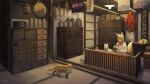  1girl absurdres animal_ears architecture blonde_hair broom cabinet counter east_asian_architecture fox fox_ears fox_girl fox_tail highres indoors kappougi original raito_(latek) short_hair solo tail tatami 