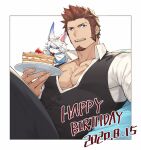  1boy 47 alternate_costume blue_eyes brown_hair cake facial_hair fate/grand_order fate_(series) food fou_(fate) goatee happy_birthday highres long_sideburns long_sleeves looking_at_viewer male_focus muscular muscular_male napoleon_bonaparte_(fate) official_alternate_costume open_clothes pants pectorals scar short_hair sideburns solo tight unbuttoned very_short_hair 