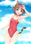  1girl animal_ears ass_visible_through_thighs azuki_(nekopara) blue_sky breasts brown_eyes brown_hair casual_one-piece_swimsuit cat_ears cat_tail cloud cowboy_shot euforia nekopara one-piece_swimsuit open_mouth red_swimsuit short_hair sky small_breasts solo standing swimsuit tail upper_teeth 