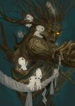  blackwood_(shanblackwood) commentary creature from_side glowing glowing_eyes hand_on_own_arm highres kodama looking_at_viewer monster no_humans no_pupils original rope sitting tree tree_branch upper_body yellow_eyes 