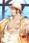  1boy 47 abs alternate_costume arm_support bara beige_shirt belt blue_eyes brown_hair covered_abs cup dolphin facial_hair fate/grand_order fate_(series) formal goatee hat highres ladies_&amp;_gentlemen_(fate/grand_order) light light_smile long_sideburns long_sleeves looking_to_the_side male_focus muscular muscular_male napoleon_bonaparte_(fate) official_alternate_costume open_clothes open_shirt pectorals scar scar_on_chest scarf shadow short_hair sideburns sitting smile solo suit unbuttoned upper_body yellow_scarf 