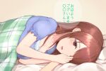  18_yen_coin 1girl bangs blanket breasts brown_eyes brown_hair cleavage collarbone commentary_request hand_on_another&#039;s_face highres holding_hands idolmaster idolmaster_cinderella_girls long_hair lying mifune_miyu on_bed on_side pov speech_bubble translated 