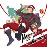  1boy 47 :o adjusting_clothes adjusting_headwear alternate_costume bara black_shirt blue_eyes boots box brown_hair christmas christmas_tree collared_shirt covered_abs creature cross-laced_footwear english_text facial_hair fate/grand_order fate_(series) fou_(fate) full_body fur-trimmed_legwear fur_trim gift gift_box gift_wrapping goatee hat knee_boots leaning_back leather leather_boots long_sideburns long_sleeves looking_at_viewer male_focus merry_christmas muscular muscular_male napoleon_bonaparte_(fate) one_eye_closed pants pectorals red_pants red_scarf santa_costume santa_hat scarf shirt short_hair sideburns skin_tight smile solo taut_clothes taut_shirt thighs tight tight_pants 