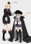  2girls absurdly_long_hair absurdres blonde_hair blush boots brown_eyes cape girls_frontline grey_hair hat height_difference highres kar98k_(girls_frontline) knee_boots long_hair medium_hair mp40_(girls_frontline) multiple_girls red_eyes sidelocks sweatdrop thigh_boots thighhighs toryu_fufu very_long_hair 