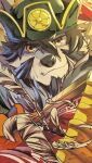  1boy animal_ears beige_fur brown_hair close-up face facial_hair fang feathers furry goatee green_headwear hair_between_eyes looking_at_viewer male_focus portrait relax_lion short_hair smile solo temujin_(tokyo_houkago_summoners) textless tokyo_houkago_summoners translation_request wolf_boy wolf_ears 