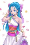  1girl absurdres asymmetrical_clothes blue_eyes blue_hair bow bracelet chinyan commentary_request dragon_quest dragon_quest_v dress dress_lift earrings flora_(dq5) flower hair_bow highres huge_bow jewelry long_dress long_hair looking_at_viewer purple_bow single_bare_shoulder sleeveless sleeveless_dress solo white_background white_dress 