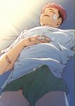  1boy bandaid bandaid_on_cheek bara brown_hair bulge erection erection_under_clothes gakki_(gaku_suru) green_shorts injury itadori_yuuji jujutsu_kaisen lying male_focus muscular muscular_male on_back pectorals pink_hair precum shirt short_hair shorts sideburns sleeping solo spiked_hair sunlight thighs undercut wet_dream white_shirt 