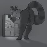  2021 absurd_res ailurid anthro anus backsack balls barefoot big_balls big_butt blush bottomless butt clothed clothing fridge genitals grainy hi_res leaning leaning_forward looking_at_viewer looking_back male mammal minedoo minedoo_(character) red_panda shirt slightly_chubby solo spot_color t-shirt topwear topwear_only 