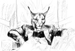  absurd_res anthro bethesda_softworks chair clothed clothing cocaine drugs felid furniture general_proton glass hi_res humanoid khajiit male mammal monochrome movie_reference scarface scarface_(1983) simple_background solo suit the_elder_scrolls three_piece_suit tony_montana video_games 