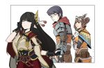  1boy 2girls :t armor artist_self-insert black_hair capelet distracted_boyfriend_(meme) english_commentary facial_hair folded_ponytail goatee goggles goggles_on_head handler_(monster_hunter_world) hetero highres hinoa japanese_armor japanese_clothes jealous jon_eve long_hair looking_back low-tied_long_hair meme monster_hunter monster_hunter:_world monster_hunter_rise multiple_girls pointy_ears pout short_hair yellow_eyes 
